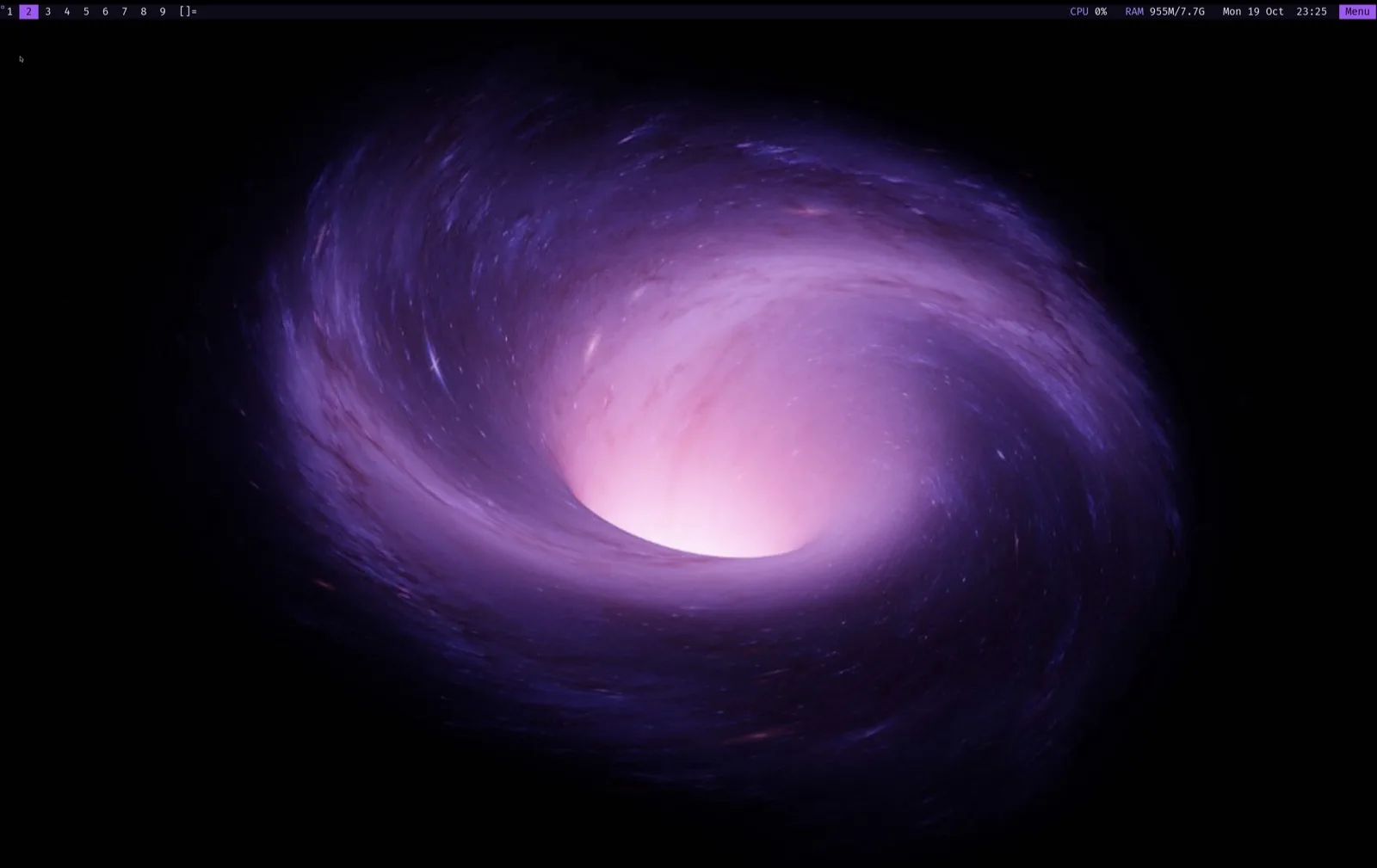 The Abyss Linux desktop: dwm with a purple vortex wallpaper