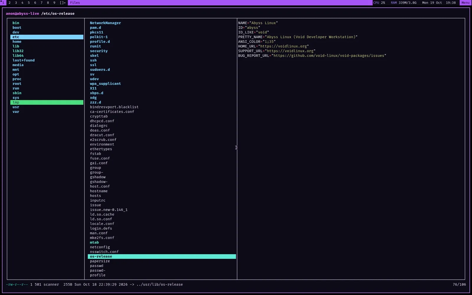 Files: lf with previews: Enter opens text in vim, video in mpv, images in feh.