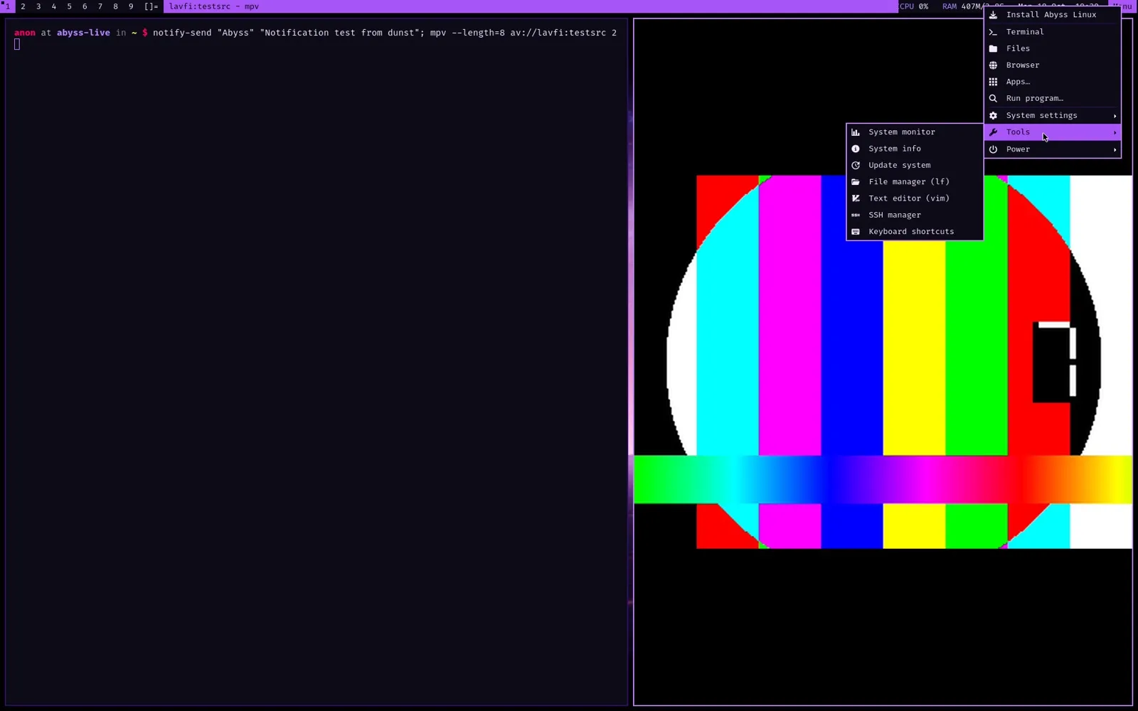 The Abyss menu: Apps, files, settings, tools and power in one xmenu tree. Super+Esc.