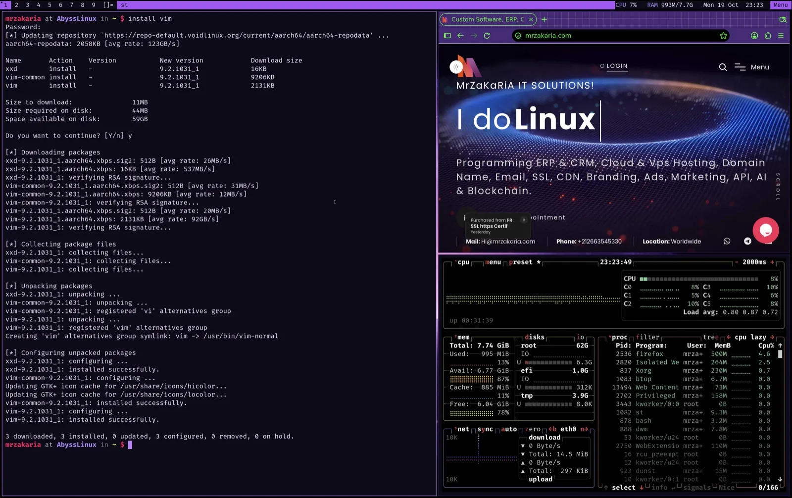 Work: st, Firefox and btop tiled by dwm. Installing vim takes one word.